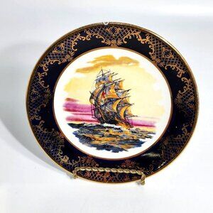 Vintage Cobalt Blue Ceramic Collector Plate With Ship Scene and Gold Accents